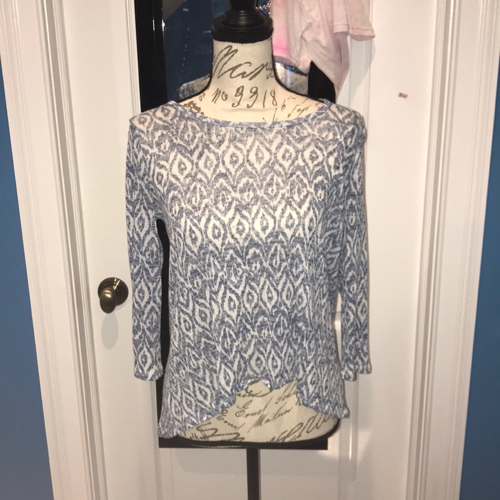 blue and white detailed shirt with lace backing